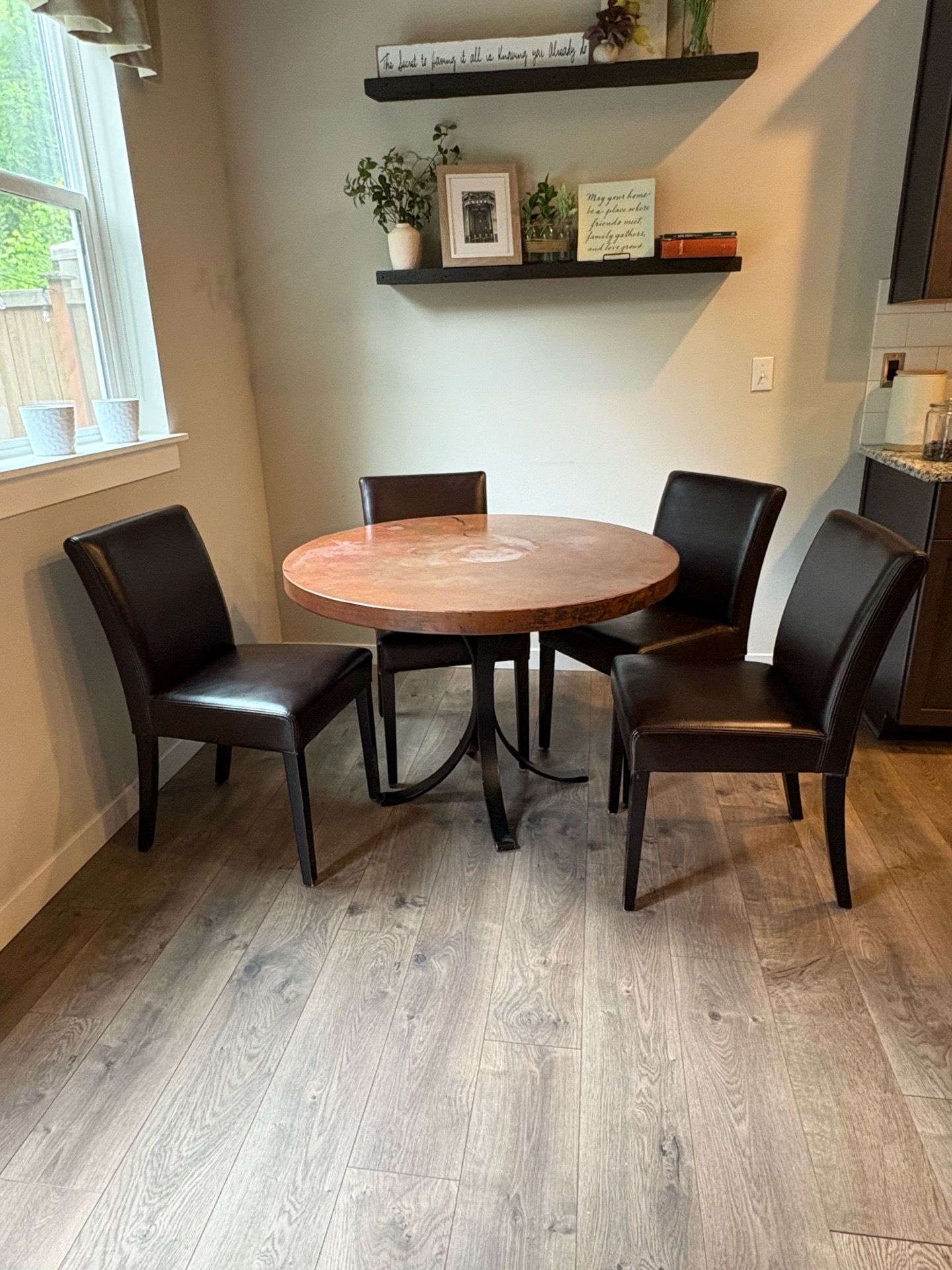 Crate & Barrel Copper Top Table and 4 Leather Chairs