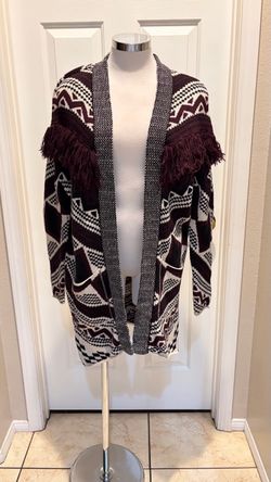 Aztec Print Fringe Cardigan Sweater
