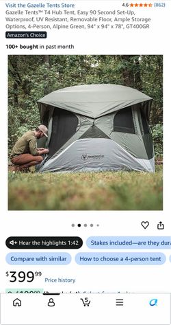 NEW IN BOX - Gazelle T4 Hub Tent (4-Person) - Easy 90-Sec Setup!