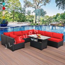 NEW🔥Outdoor Patio Furniture 9 Pc Black Wicker With Red Non Slip 4" Cushions And Cover!