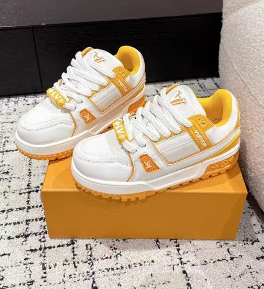 LV Trainer Maxi Little Chubby Leather Logo Beaded Embellished Low Top Board Shoes White Yellow Unisex