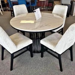 Elegant! 5-pc Dining Table Set With Ivory Corduroy Fabric Material 