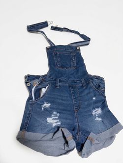 Denim Short Overalls with Distressing