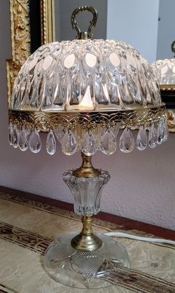 Vintage Michelotti Glass Crystal Boudoir Parlor Lamp Clear & Gold Tone 17"