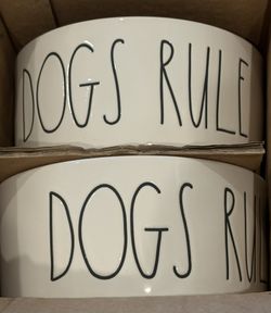 Set of 2 Rae Dunn Ceramic “Dogs Rule” Dog Bowls 6”