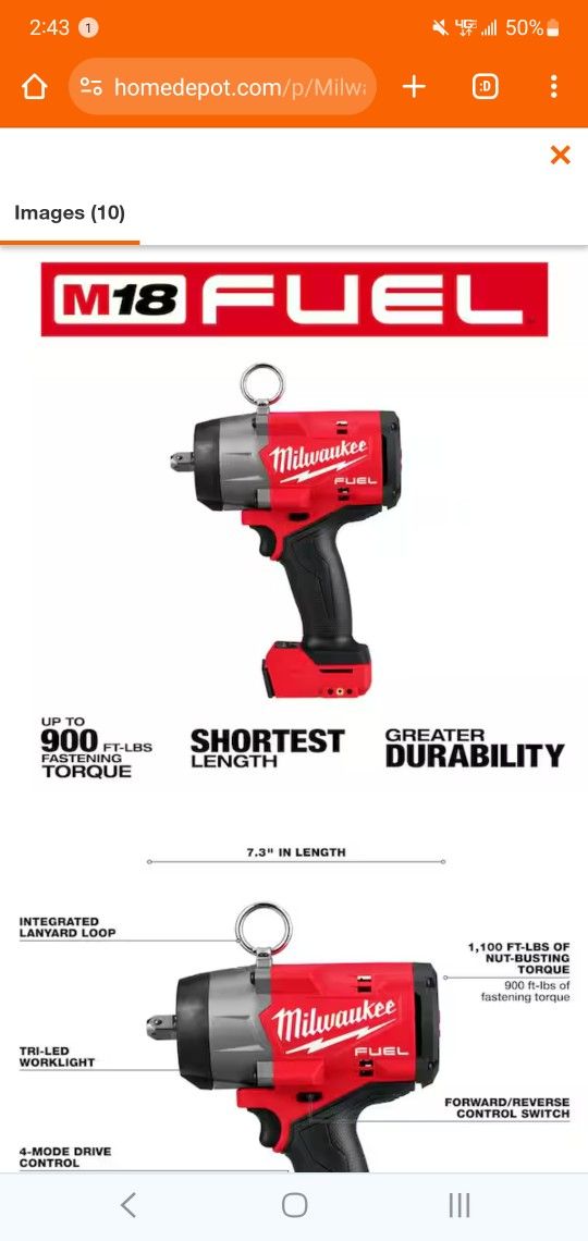 Milwaukee Milwaukee

M18 FUEL 18V Lithium-Ion Brushless Cordless High Torque 1/2 in. Impact Wrench w/ Pin Detent (Tool-Only)

