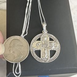 Vintage 925 Sterling Silver Catholic Necklace, Marked Sterling , 20in 925 Chain , Jesus , Mary , Front/ Reverse, I Am A Catholic