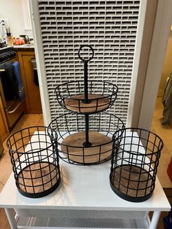 Threshold Black Iron & Mango Wood Kitchen Storage Set (3 Pieces) – 2-Tier Fruit Basket & 2 Utensil Holders