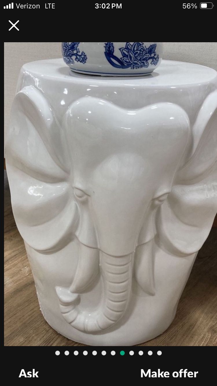 White Ceramic Elephant Garden Stool For Zen Asian MCM Decor $125. Jade Green PAIR $250. Chartreuse Yellow Stool $75. Josephine Baker Statue $40.