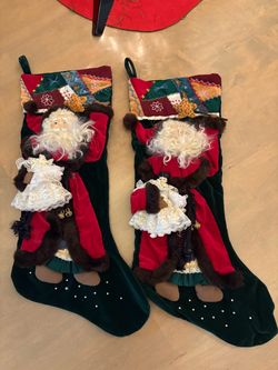 2 Large Vintage House Hattan Old World Christmas Velvet Stocking 3D Santa, 24”