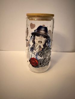 Glass Can Cup with Bamboo Lid Chicana Art