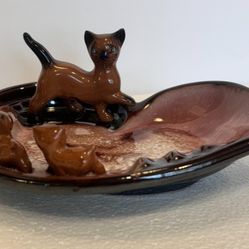 Vintage Tilso Ceramic Cat and Kittens Brown Pink Ashtray