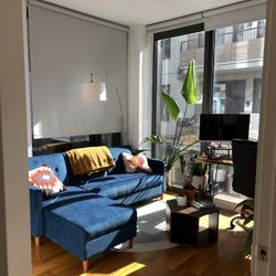 Blue Sleeper Couch w/ Storage + Reversible Chaise