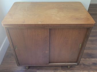 Vintage 60s MCM Alma Desk Co. 30" Sliding Door Cabinet w/ Shelf & Brass Legs