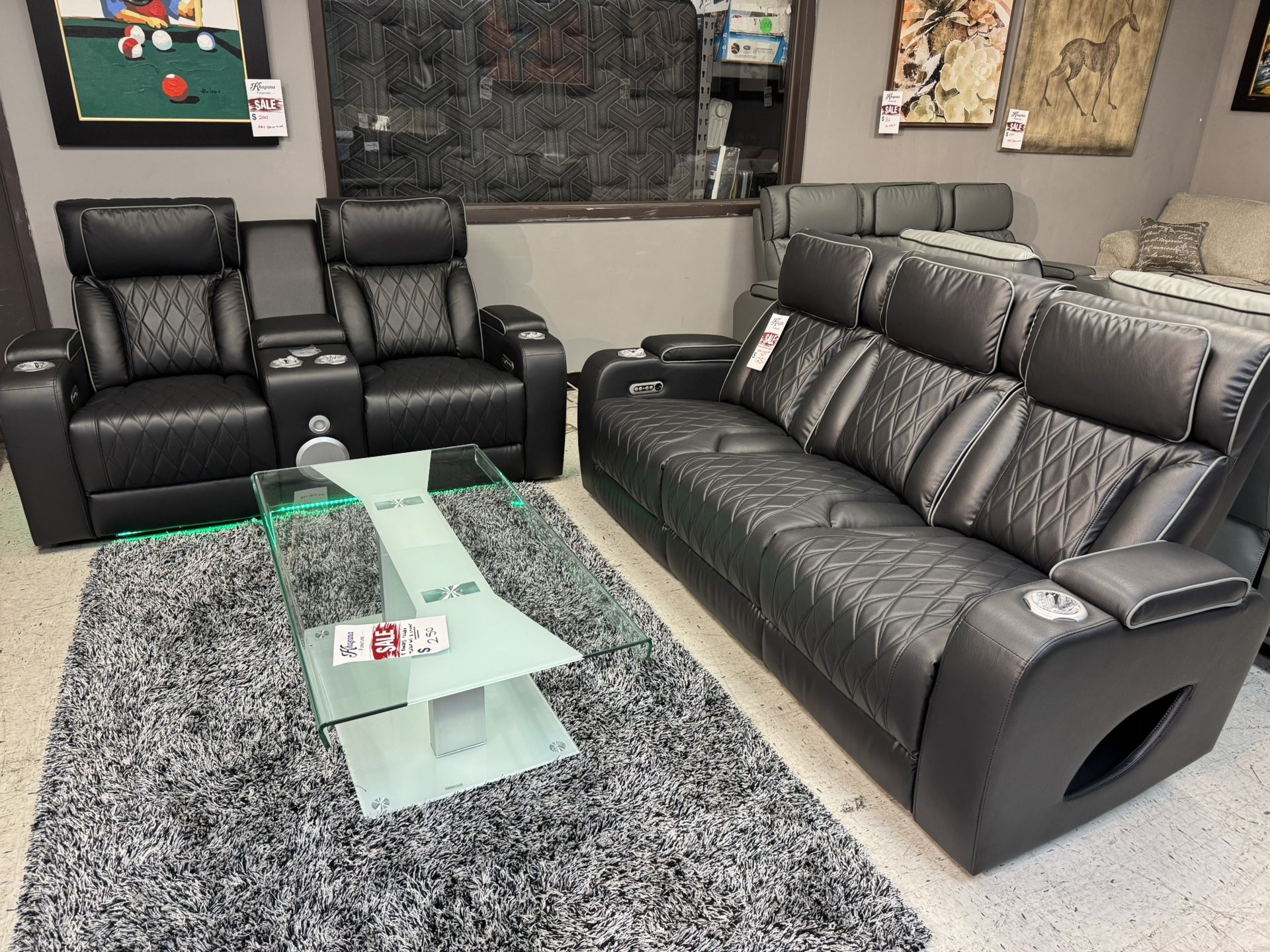BLACK LEATHER POWER RECLINER SET SOFA LOVESEAT SET WITH SPEAKER SYSTEM