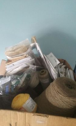 Box of yarn, thread and templates
