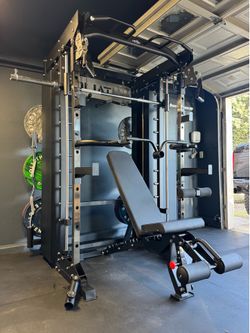 Smith Machine, Pulley System, Power Rack, Rubber Weights, Dumbbells