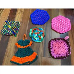 Vintage Crochet Potholders/ Hot Pads + crochet bottle dress (?).