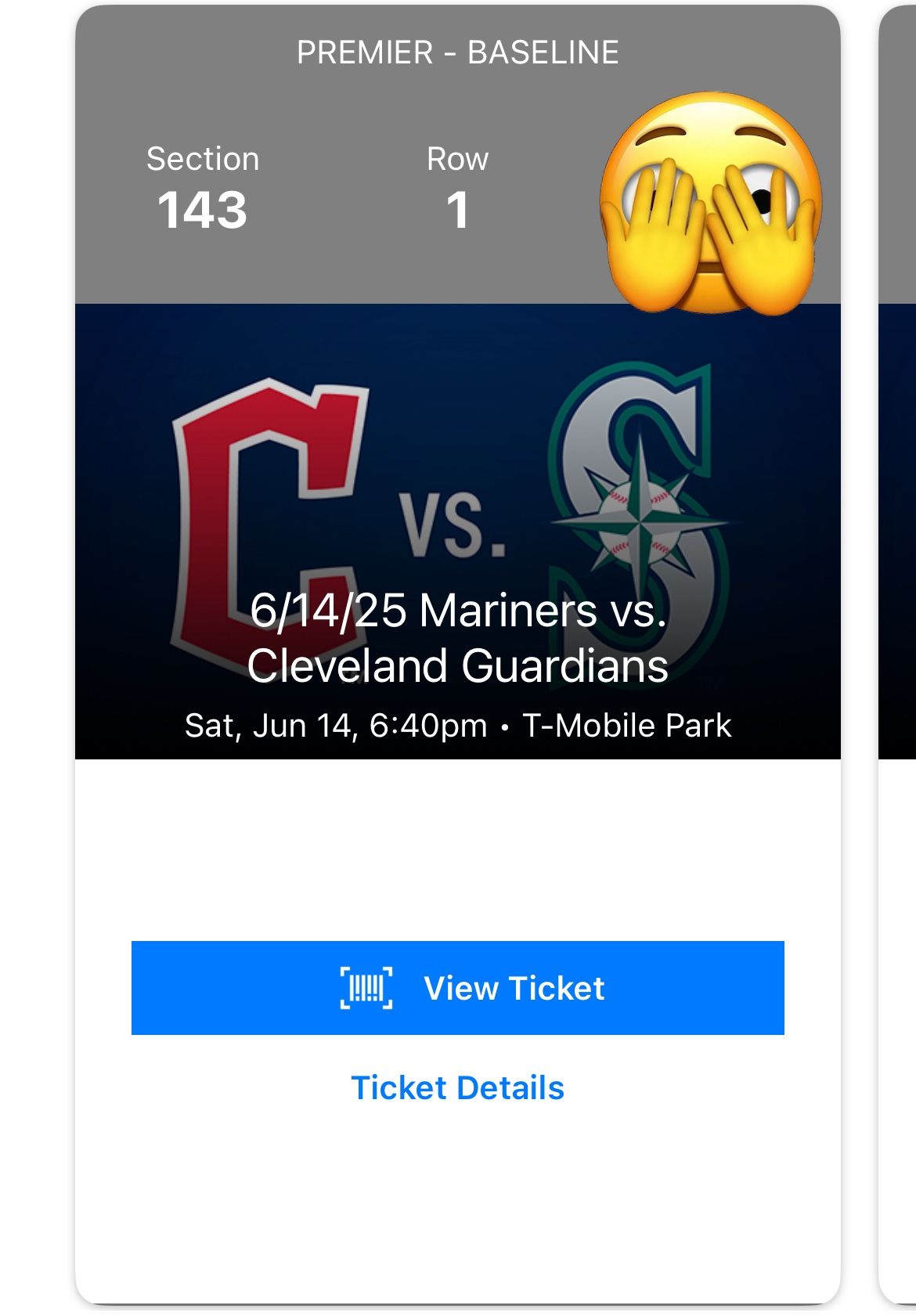 FRONT ROW- Sat 6/14- Cleveland Guardians At Seattle Mariners