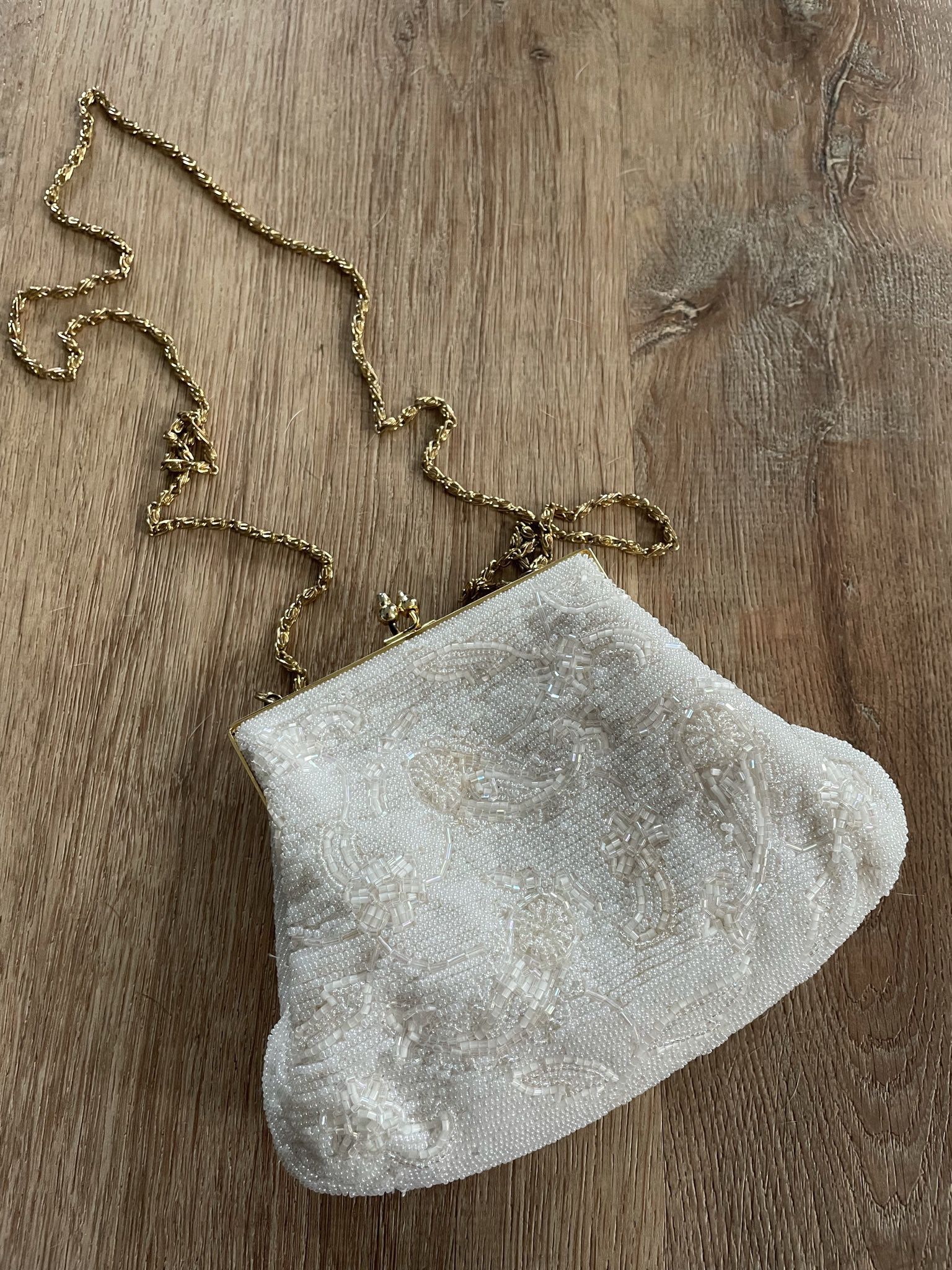 Vintage White Beaded Purse with Gold Chain