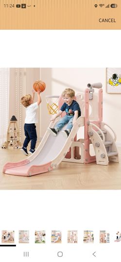 Babytronic Toddler Slide, 6 in 1 Kids Indoor Slide for Toddlers 1-3, Baby Indoor and Outdoor Climber Playset, Kids Slide with Basketball Hoop and Tele