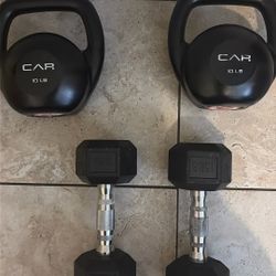 15lb dumbbell pair and 10lb kettlebell pair 