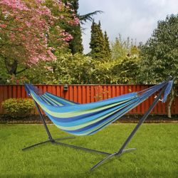 Double Brazilian Cotton Hammock with Space Saving Steel Stand - Blue