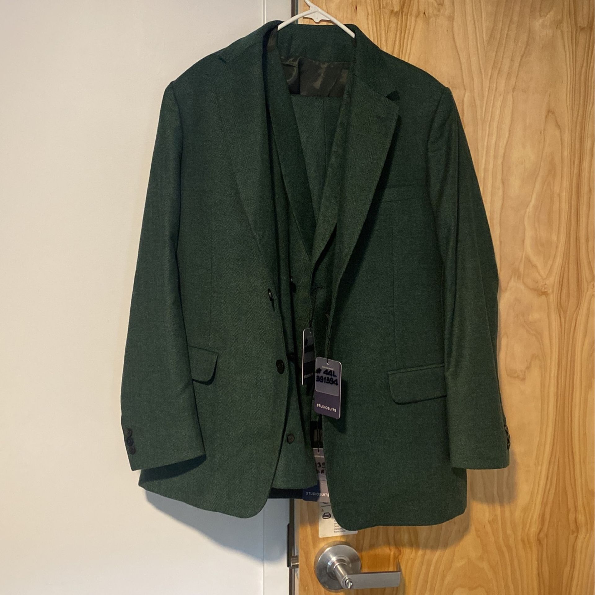 Custom Studio Suits Herringbone Tweed Suit - Bottle Green, Brand New (Never Worn)