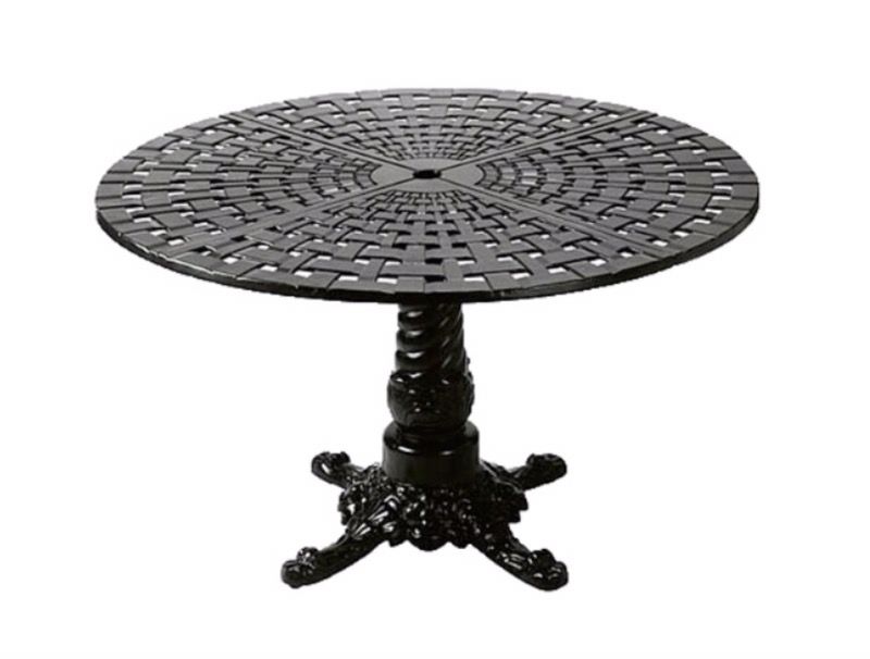 Windham Castings Woven Cast Aluminum 48 inch round pedestal table with umbrella hole