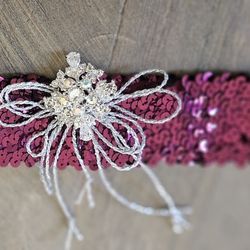 Burgundy Sequence Silver Broach Prom Wedding Garter 