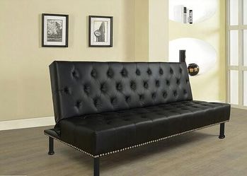 Brand New Black Leather Tufted Sofa Bed With Nail Studded Trim
