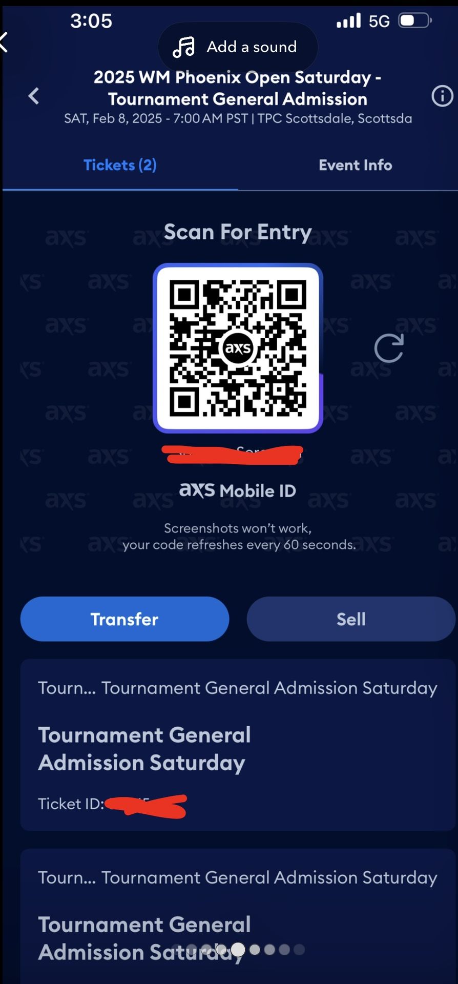 2 Tickets SATURDAY WASTE MANAGEMENT OPEN($300 For Both)