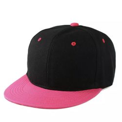 LOGA Black and Pink Blank Plain Polyester Snapback Hat Plastic Snap Flat Visor High Crown