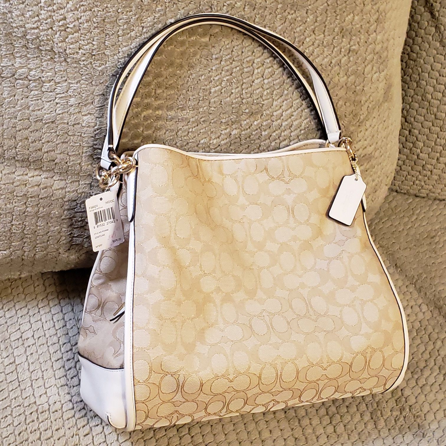 Coach Monogram C Canvas & White Leather Large 3 Section Purse Brand New