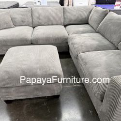 New! Plush Sectional Sofa And Ottoman, Corduroy Sectional, Sofa, Couch, Gray Sectional, Grey Couch, Light Gray Couch, Sectionals, Sofas,L-Shaped Couch