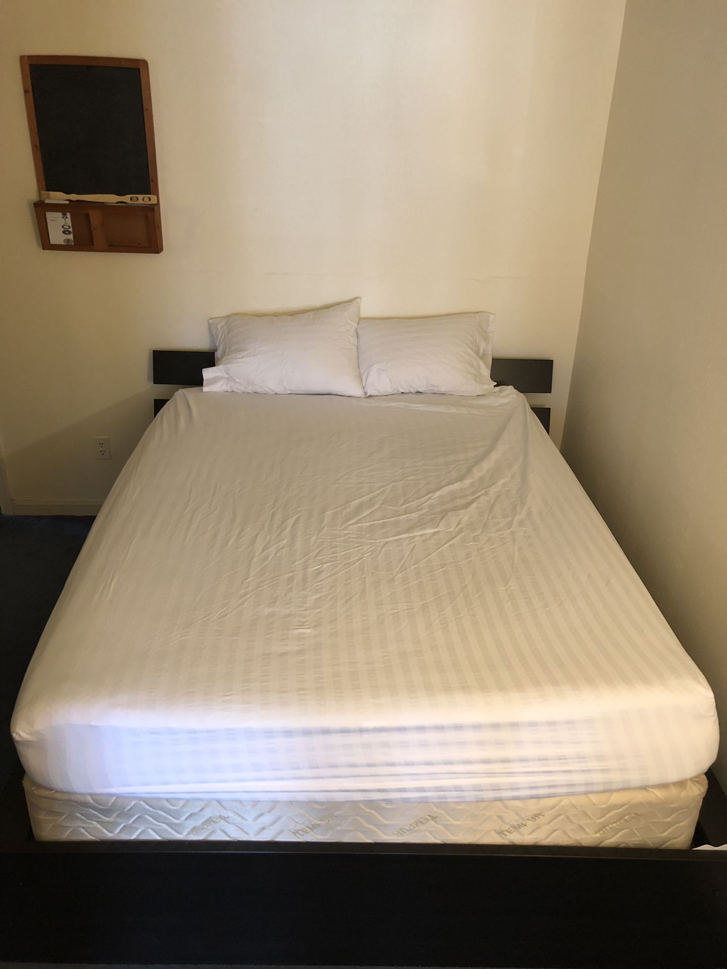 Queen Tempurpedic mattress, bed frame, down pillows