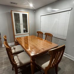 Solid Wood Dining Table, Hutch And 5 Chairs