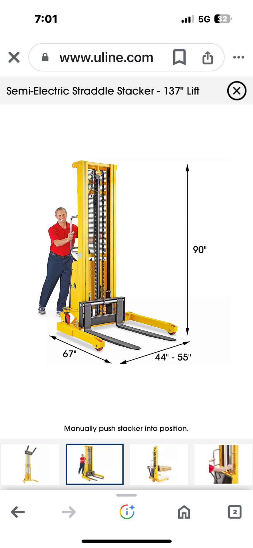 Uline Semi-Electric Straddle Stackers H-5440 Lift Forklift 