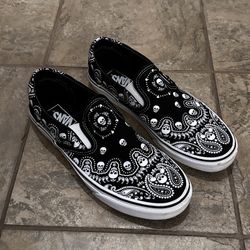Vans Classic Slip On Shoes Black White Skull Bandana Print Skate