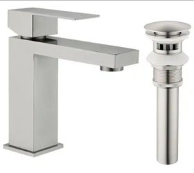 Brushed Nickel Bathroom Faucet with 15° Angled Spout Splash-Free with Pop-up Drain Kit