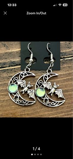 Gothic Bat & Crescent Moon Silver & Iridescent green Stone Dangle Earrings