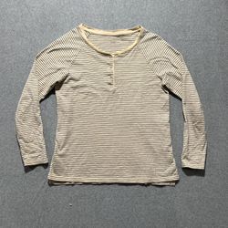 LL Bean Mens Striped Henley Long Sleeve Shirt Cream Navy M Regular