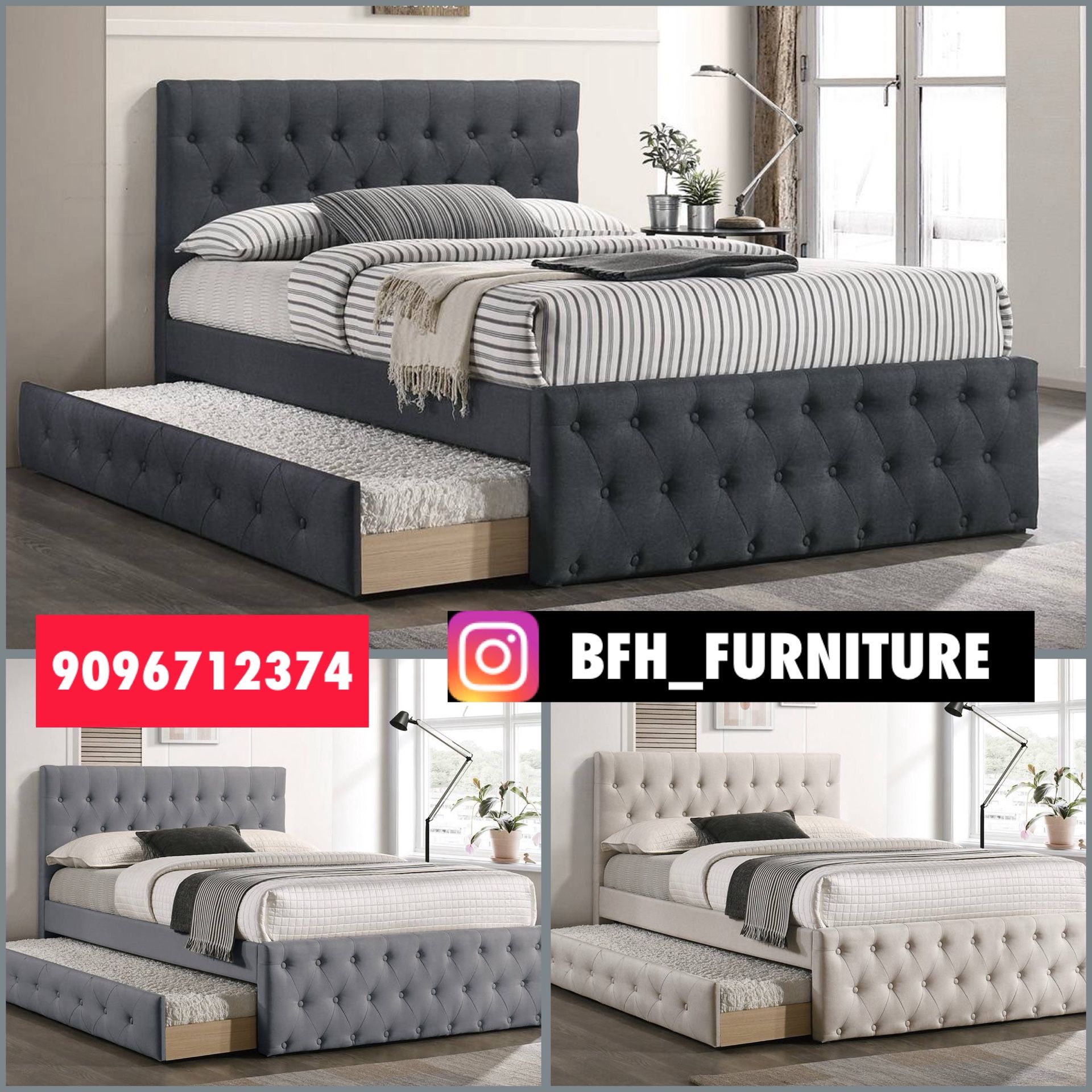 Full/Twin Gray Frenchi Tufted Trundle Beds W. Ortho Mattresses Included 