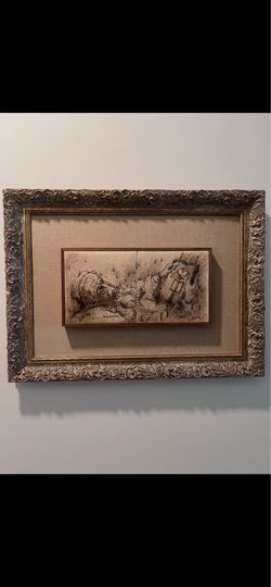 Vtg Chaim Gross Tile Artwork “The Rabbi & The Torah” Sketchy Line Work Judaica . Elegant sketch tile art work framed and signed is in excellent condit