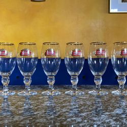 Set of 6 Stella Artois 40CL Gold Rimmed Beer Glasses Chalices New with Box
