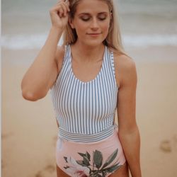 Albion Fever Castaway Pink Floral Blue Stripes Cut Out One Piece Swimsuit Size S