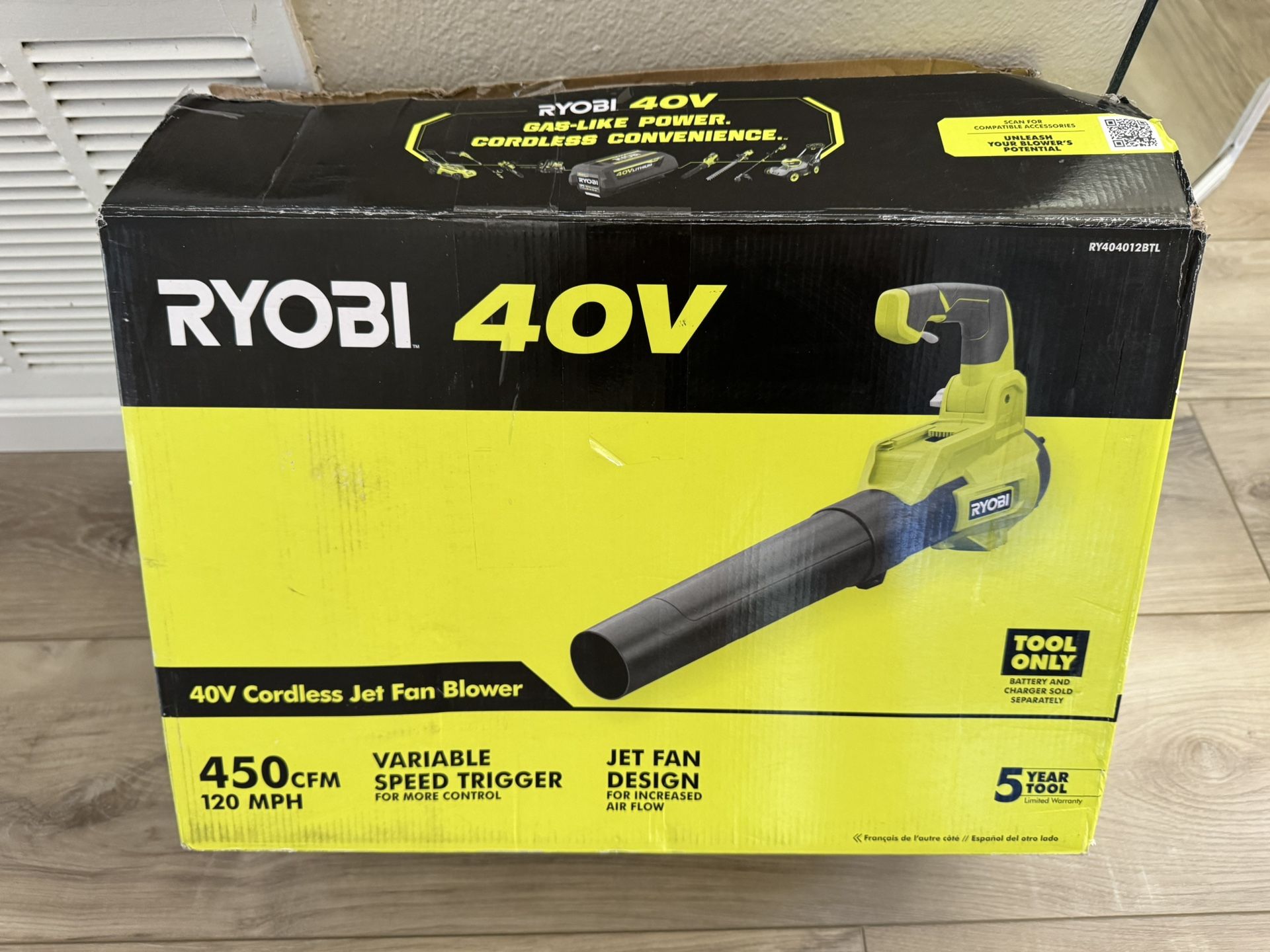 RYOBI 40V 120 MPH 450 CFM Cordless Battery Variable-Speed Jet-Fan Leaf Blower (Tool-Only)