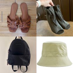 Woman Shoes size 7.5, bag Tommy Hilfiger, bucket hat Zara