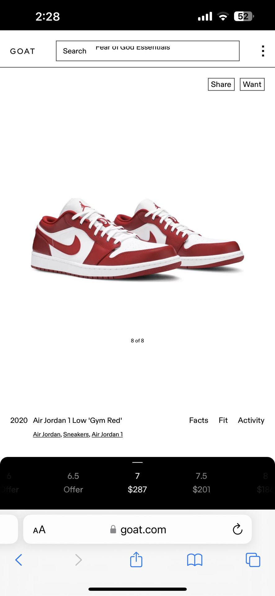 Air Jordan 1 Low (GS) - Gym Red/White  Size 7Y  