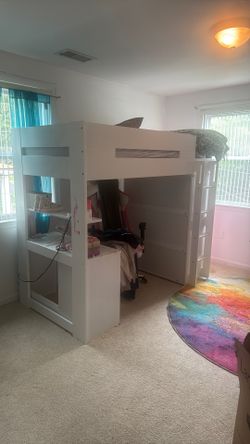 Full-size bunk, bed, desk, table, and closet